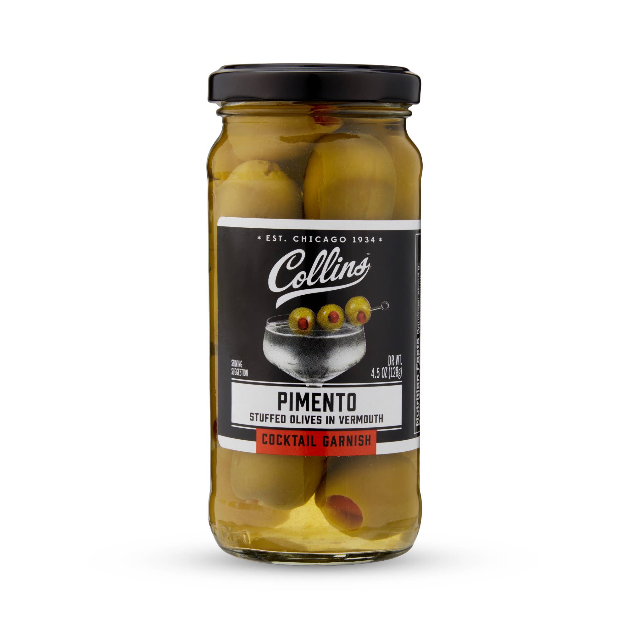 COMING SOON: Cocktail Olives | Collins Gourmet Vermouth Soaked Pimento Cocktail Olives (4.5oz)
