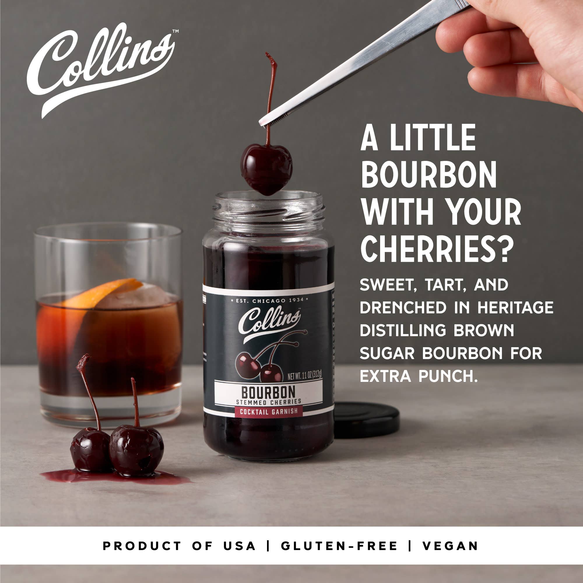 COMING SOON: Bourbon Soaked Cherries | Collins Stemmed Cherries Cocktail Garnish (11oz)