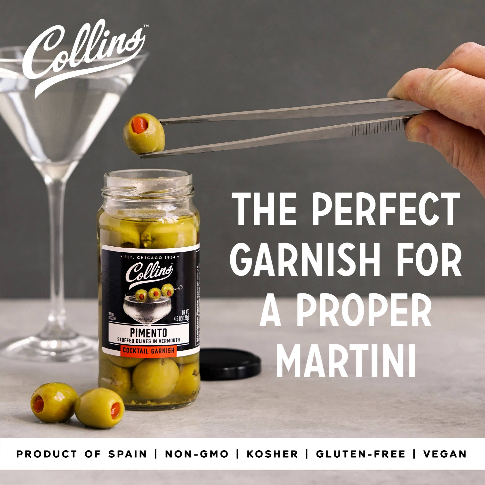 COMING SOON: Cocktail Olives | Collins Gourmet Vermouth Soaked Pimento Cocktail Olives (4.5oz)